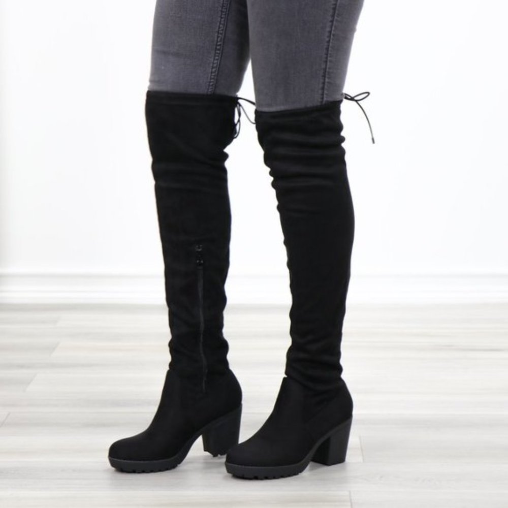 Lug Chunky Heel BlackThigh High Suede Boots - Picture 5 of 16